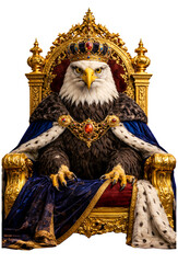 Obraz premium Królewski orzeł siedzący na bogato zdobionym złotym tronie. Ubrany w luksusną pelerynę z futrem oraz ozdobną koronę wysadzaną klejnotami.