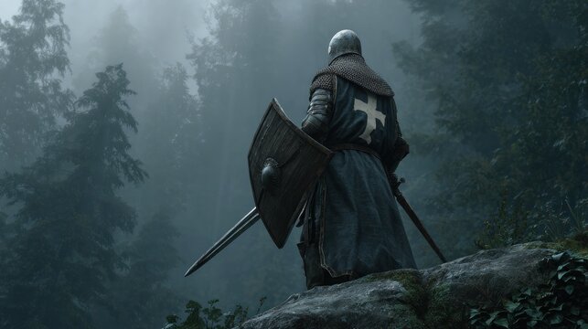 Medieval knight on watch in forest landscape with sword and shield