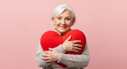 Senior woman embracing red heart pillow with warmth and affection expressing love and care