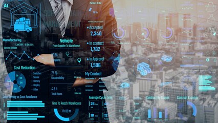 Supply chain management interface showing delivery routes, warehouse efficiency, cost savings, vehicle tracking, procurement ROI, and contract stages. Futuristic supply chain monitoring system. Thunk