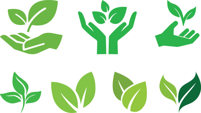 Leaf icons set. Green leaves vector collection. Ecology, environment, and nature symbol. Bio, organic, and vegan sign. Plant sprout logo element for eco friendly products.