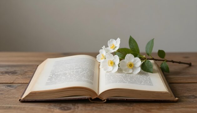 Open antique book with delicate white flowers and green leaves on a wooden table