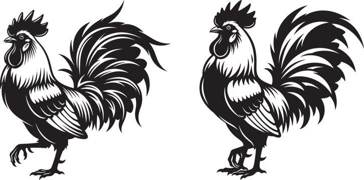 Elegant rooster with detailed feathers, proud cock illustration, black and white vector art