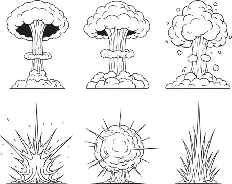 Set of explosion and blast effects icons, mushroom cloud and bursts, vector illustration