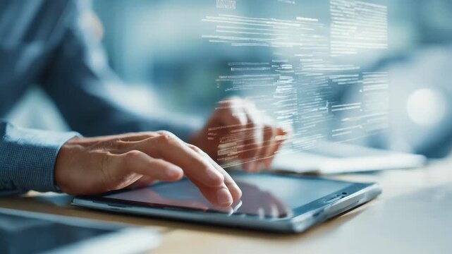 Hands typing on a keyboard next to a tablet with open PDF transcript files emphasizing streamlined document management in a fully digital workflow