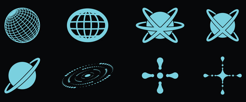 A collection of glowing abstract and geometric icons representing digital, space, and atomic concepts