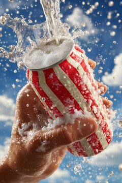Lata de bebida fr&iacute;a con salpicadura explosiva bajo el sol., refrescante explosi&oacute;n de bebida cayendo sobre una lata rayada, primer plano din&aacute;mico de mano sosteniendo bebida en un d&iacute;a de verano