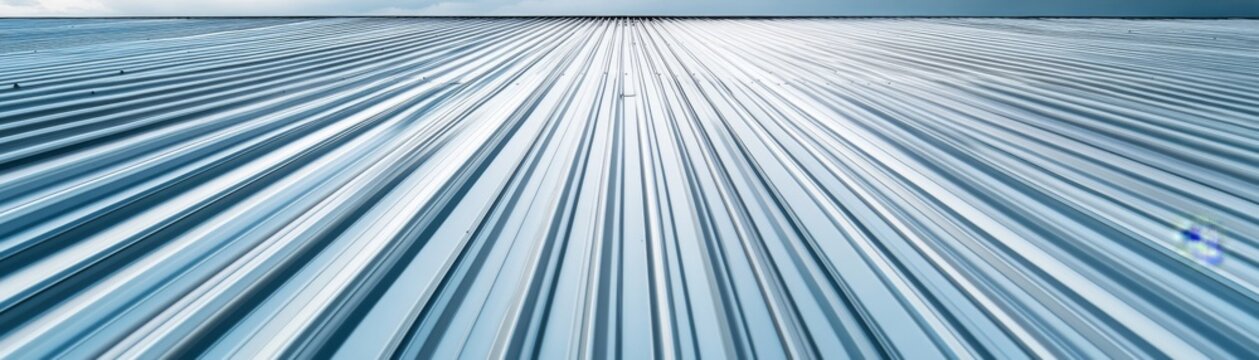 Corrugated metal roof, abstract perspective, leading lines, industrial texture, blue sky, 200mm lens, Architectural detail