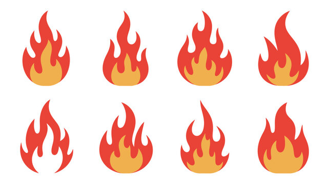 Fire flame silhouettes vector set isolated on white background, burning heat and flame symbols