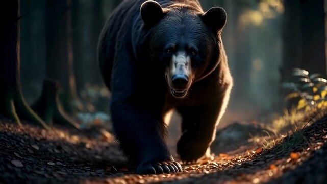 A majestic brown bear strides purposefully through a sun-dappled forest, embodying wilderness and power. capturing the raw essence of the wild.