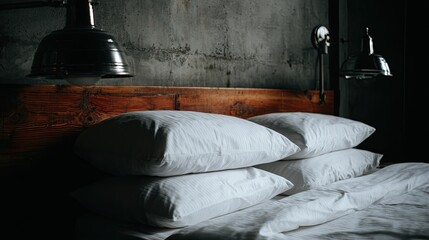 Stack of pristine white pillows rests against a rustic wooden headboard beneath industrial-style lighting fixtures.