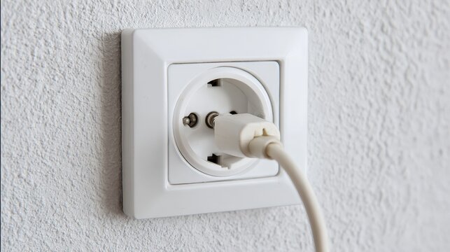 White electrical plug in the electric socket on a wall.