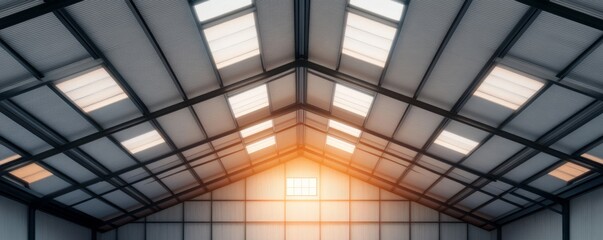 Gable roof skylights with dramatic orange glow, geometric symmetry. Architecture, Modern, Light, Industrial