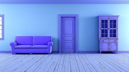 Interior space features vibrant purple furniture against a pale blue wall with distressed wooden flooring