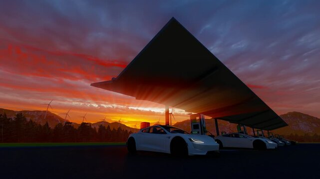 Electric car charging station at sunset. EV charging process. Parking lot with electric vehicles. Green energy concept.