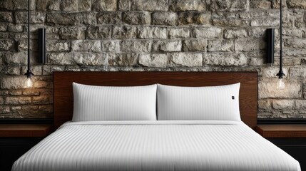 Comfortable bed dressed in crisp white linens is set against a textured stone accent wall