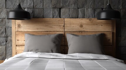 Modern bedroom setting features wooden headboard against a textured dark stone wall with hanging lamps