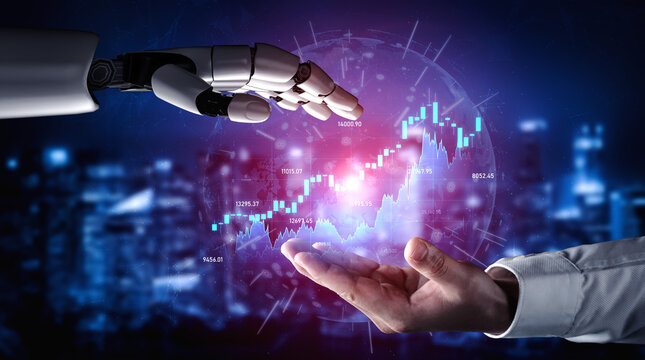 A striking visual of a robotic hand reaching towards a human palm, set against a futuristic cityscape with glowing financial graphs illustrating market trends and data analysis. Scalp