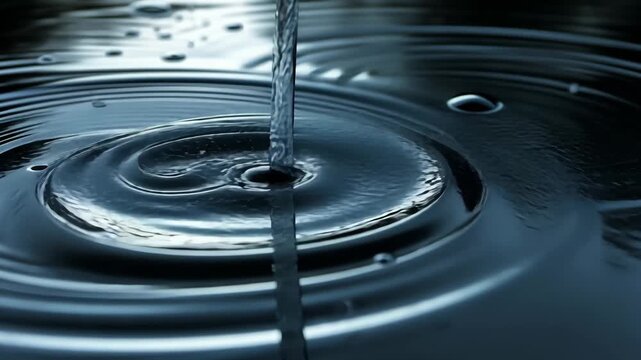 Raindrops creating multiple concentric ripples on still water