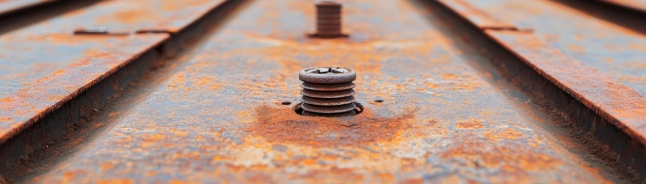Macro Shot Rusty Screw and Corrugated Metal Texture, Selective Focus, Industrial Decay Concept. Rust, Metal, Abstract, Texture, Decay