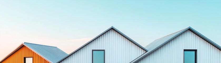 Fototapeta premium Minimalist Abstract Architecture Geometric Gables with Soft Sky Backdrop, Minimalist, Architecture, Sky , homes, modern, design