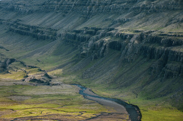 Berufjar&eth;ardalur valley landscape near H&aelig;nubrekkufoss in East Iceland