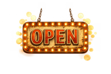 Hanging marquee sign featuring illuminated open text with glowing bulbs and rusty chains, symbolizing welcome and availability