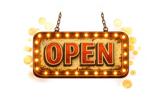 Hanging marquee sign featuring illuminated open text with glowing bulbs and rusty chains, symbolizing welcome and availability - Powered by Adobe