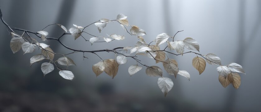 Minimalist Scene of Lindera Benzoin Leaves Against Foggy Background