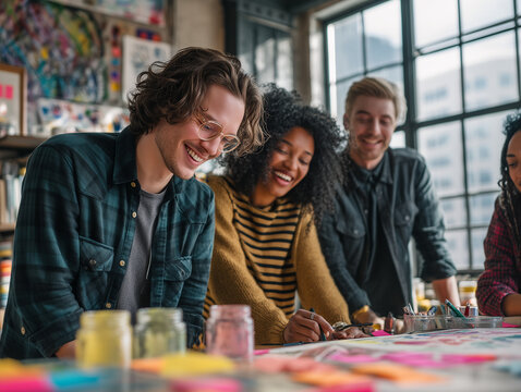 A vibrant, dynamic shot of a small group of friends working on a creative project in a sun-drenched studio.