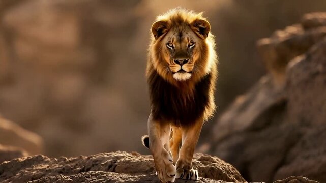 A majestic lion, with a glorious mane, strides confidently across a rocky terrain, exuding power and regal presence, embodying the untamed spirit of the wild.