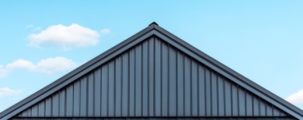 Fototapeta premium Modern Gable Roofline Geometric dark metal siding meets a bright blue sky with scattered clouds, highlighting clean lines and simplicity. Architecture, Minimalist