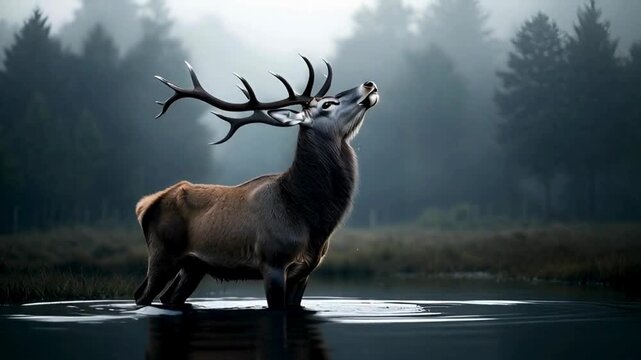 A majestic red deer stands proudly in a misty, serene lake, its antlers a crown against the backdrop of an ethereal forest. The deer is a symbol of strength and serenity.