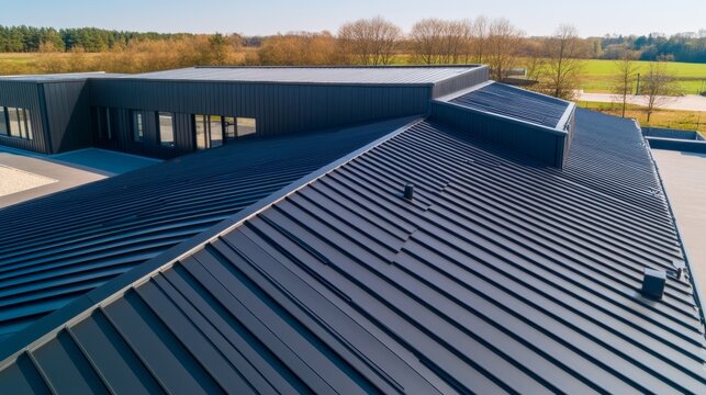 Modern dark metal standing seam roof on a contemporary building, showcasing sleek design and durability against a clear sky. Architecture, Roofing
