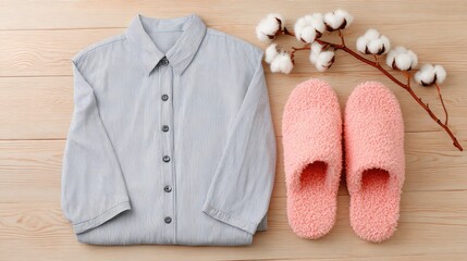 Folded light colored button down garment rests beside fluffy pink house shoes and cotton plant branches on a wooden surface