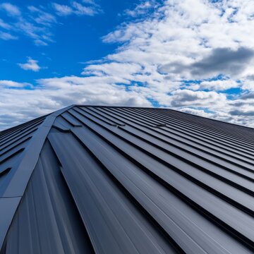 Modern Metal Roof Against Blue Sky and Clouds, Aerial View, Architectural Lines, Contemporary Design, Roofing, Construction, ModernArchitecture
