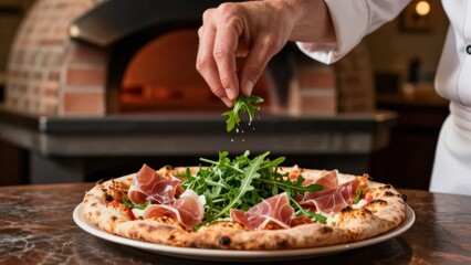 Chef Garnishes Topping, Arugula Decorates Gourmet Pizza, Chef Carefully Places Arugula For Elegant Presentation, Delicate Arugula Leaves Are Arranged To Enhance Visual Appeal On Dish