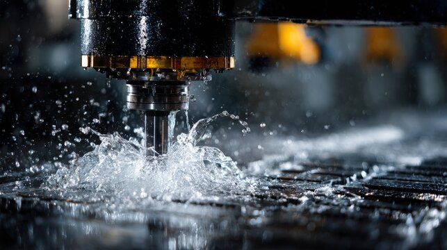 Working closeup CNC turning cutting metal Industry machine iron tools with splash water.