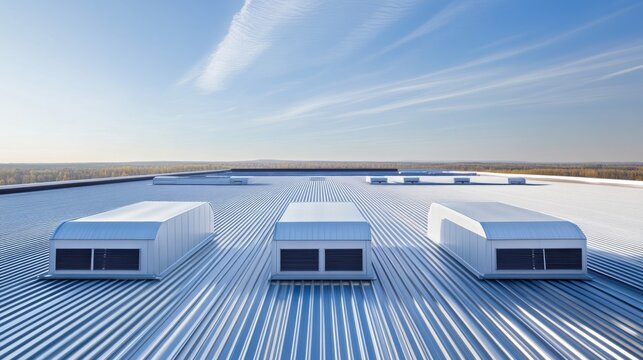 Modern Rooftop HVAC Units, Wide Angle, Industrial Architecture, Clear Sky, 149 chars. Architecture, HVAC