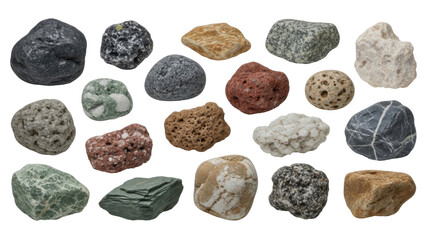 Collection of various rocks and stones, showcasing diverse textures and colors against a white background.