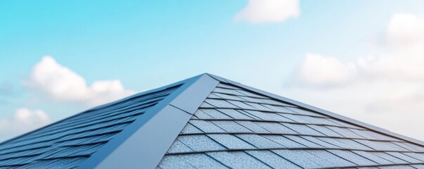 Pitched Rooftop with Grey Shingles Against a Cloudy Blue Sky Close-up architectural detail, modern home exterior, protection, Roofing, Exterior