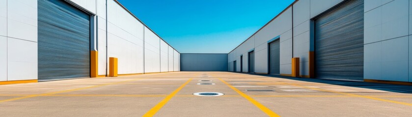 Perspective View Warehouse Exterior, Industrial Building, Loading Docks, Clear Sky, Geometric Lines, Urban Landscape, Architectural Symmetry