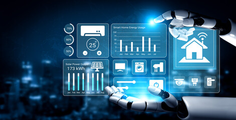 A futuristic robotic hand interacts with a smart home interface showcasing energy data and metrics, emphasizing modern technology and sustainability in home management. Gantry