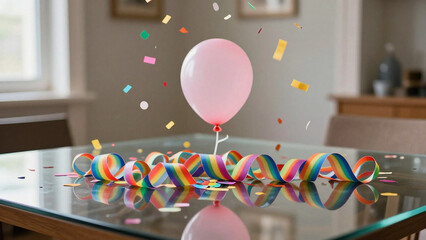 Zum Fasching liegen auf einem Glastisch Luftschlangen, ein Luftballon fliegt in der Luft