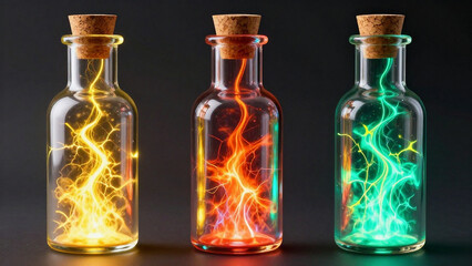 Drei Glasflaschen stehen nebeneinander auf dem Tisch, in jeder Flasche leuchtet eine andere Farbe, dunkler Hintergrund