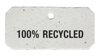 Close-up of a white tag with the words '100% RECYCLED' printed in black, indicating recycled content.