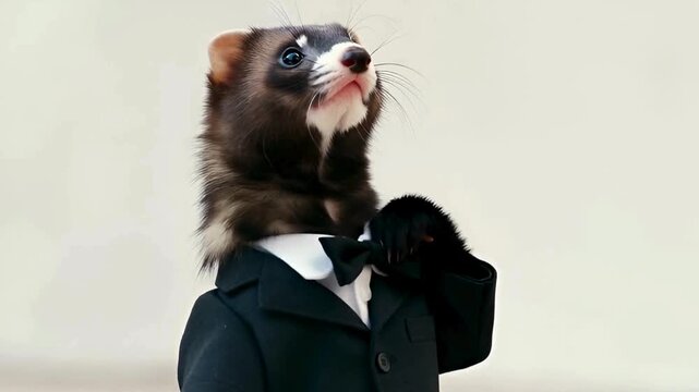 A distinguished ferret dressed impeccably in formal attire, exudes an air of refined sophistication and style. The image portrays the intersection of nature and human culture.