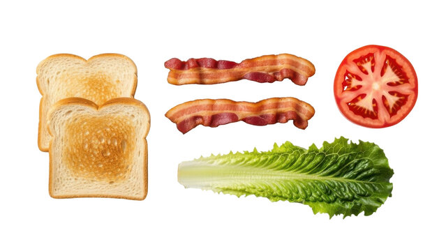 Close-up shot of ingredients for a BLT sandwich, including bread, bacon, tomato, and lettuce.