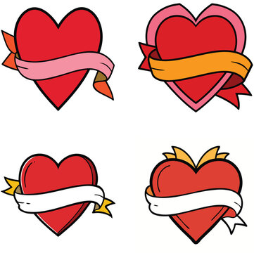Cute Valentine Heart Tattoo Icons with Ribbons and Banners