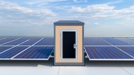 Fototapeta premium Solar Panel Array with Central Control Booth A striking composition highlighting renewable energy infrastructure against a clear sky, symbolizing innovation and sustainability. , Solar